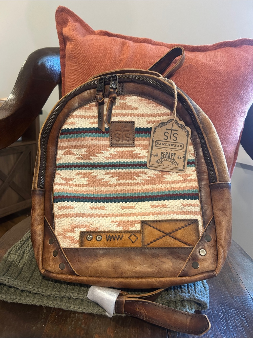 STS Ranchwear Brown Tan Leather Backpack with Serape Stripe Accents